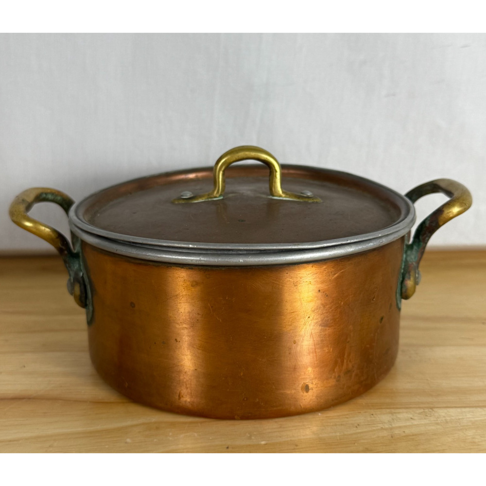 Vintage Copper French Soup Pot w/ Lid and Brass Handles 'Brevete DD S.G.D.G.'